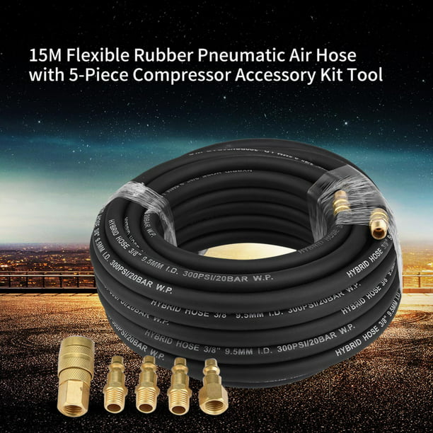 Air Hose kit 15M Flexible Rubber Pneumatic Air Hose with 5-Piece Compressor Accessory Kit Tool 